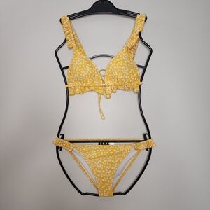 Tahiti Yellow White Speckled Bikini Set Ruched Ruffle‎ Tie Back Size M